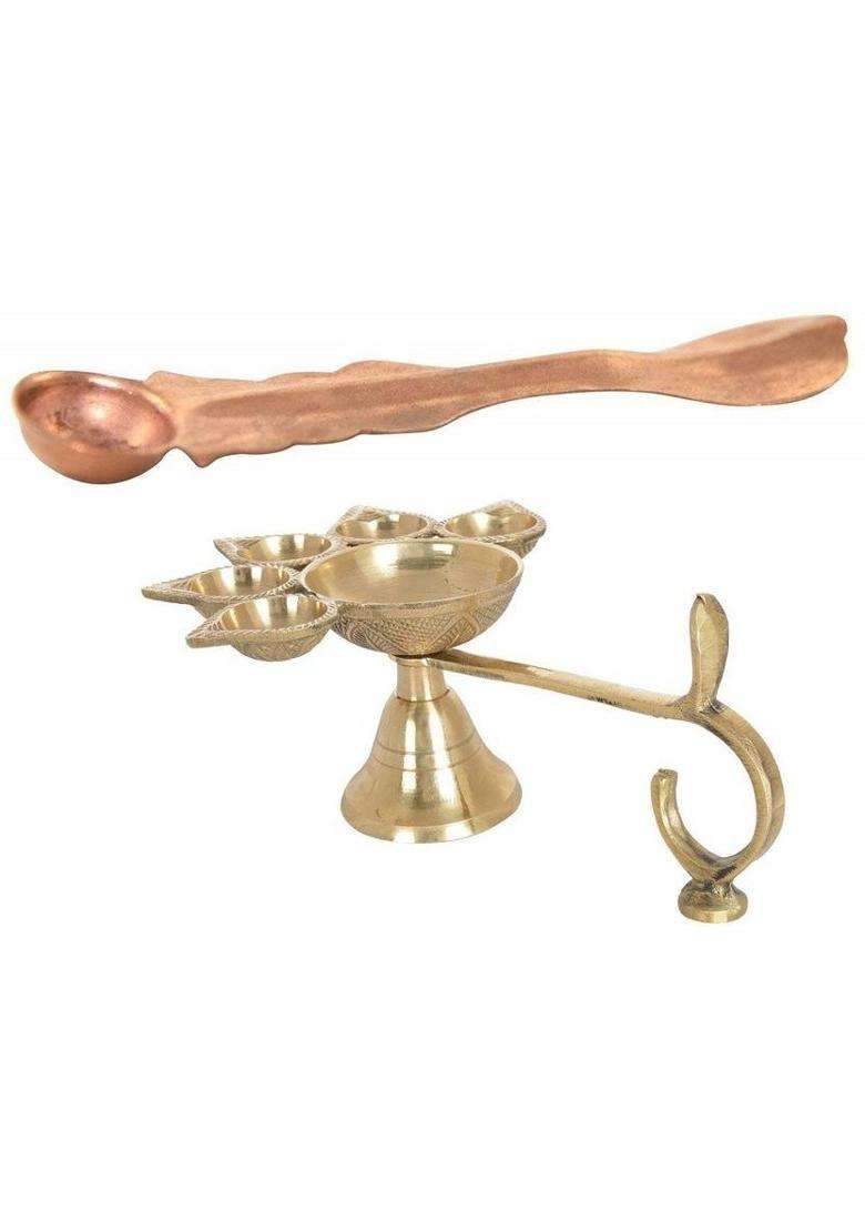 Utkarsh Combo Of 5 Face Puja Camphor Burner Lamp Panch Aarti Jyoti With Copper Patra Spoon Brass (Multicolor) - Indya