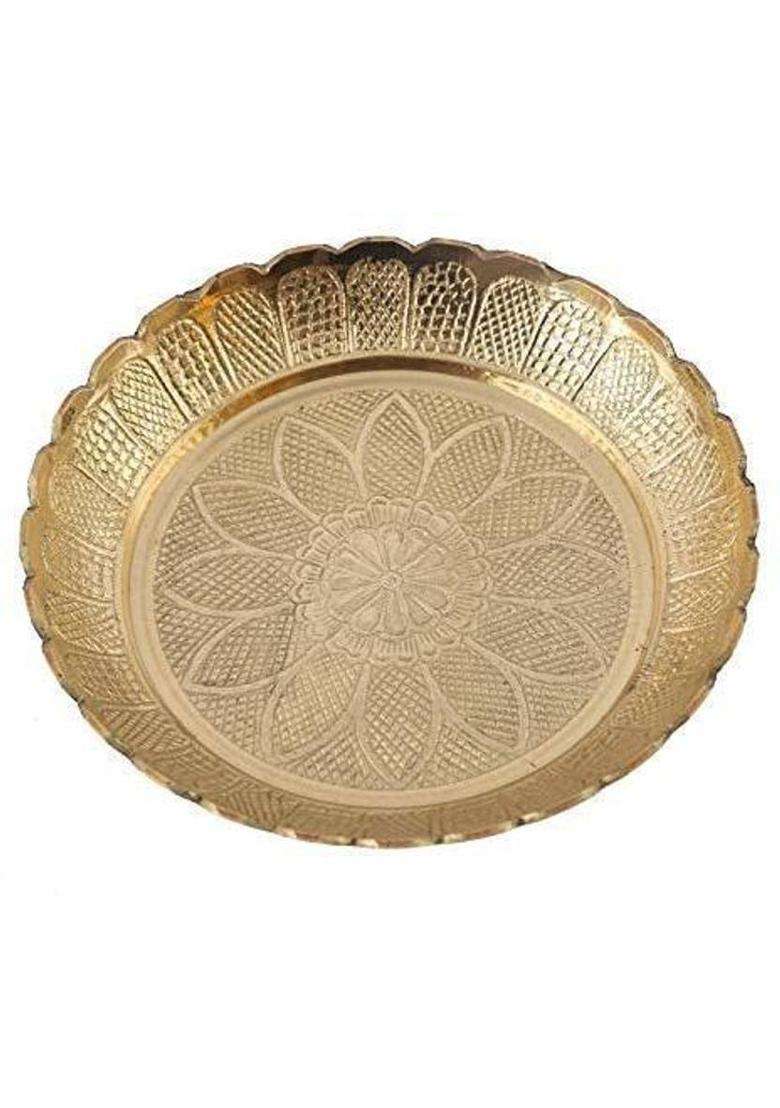 Skywalk Handmade Brass Puja Thali With Flower Emossed DesignBrass Pooja Plate For Home & Office Decoration Gifting (1 Pieces Gold) - Indya