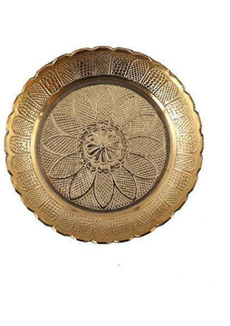 Skywalk Handmade Brass Puja Thali With Flower Emossed DesignBrass Pooja Plate For Home & Office Decoration Gifting (1 Pieces Gold) - Indya