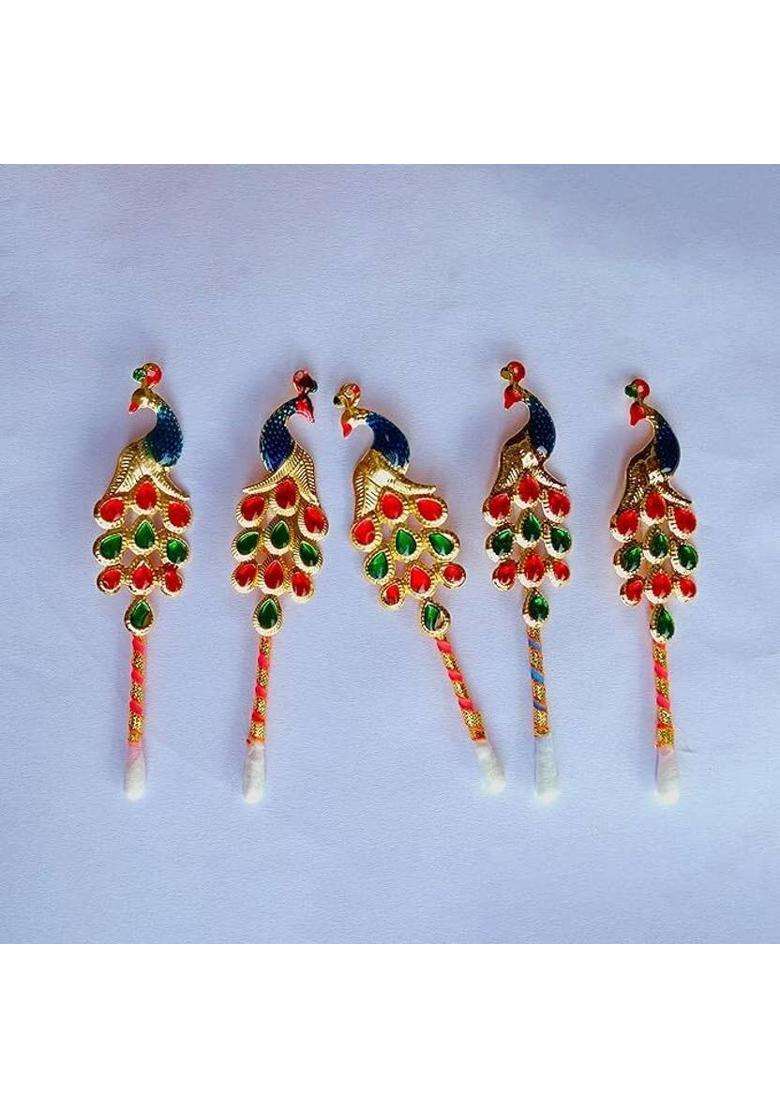 Morel Pooja Tilak Stick Meenakari Colorful Diamond Sticks Peacock Shape 2Pc Gold Plated (5 Pieces Multicolor) - Indya