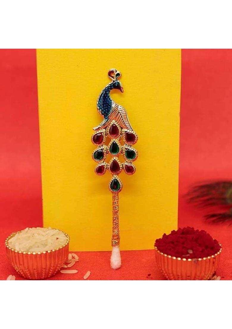 Morel Pooja Tilak Stick Meenakari Colorful Diamond Sticks Peacock Shape 2Pc Gold Plated (5 Pieces Multicolor) - Indya