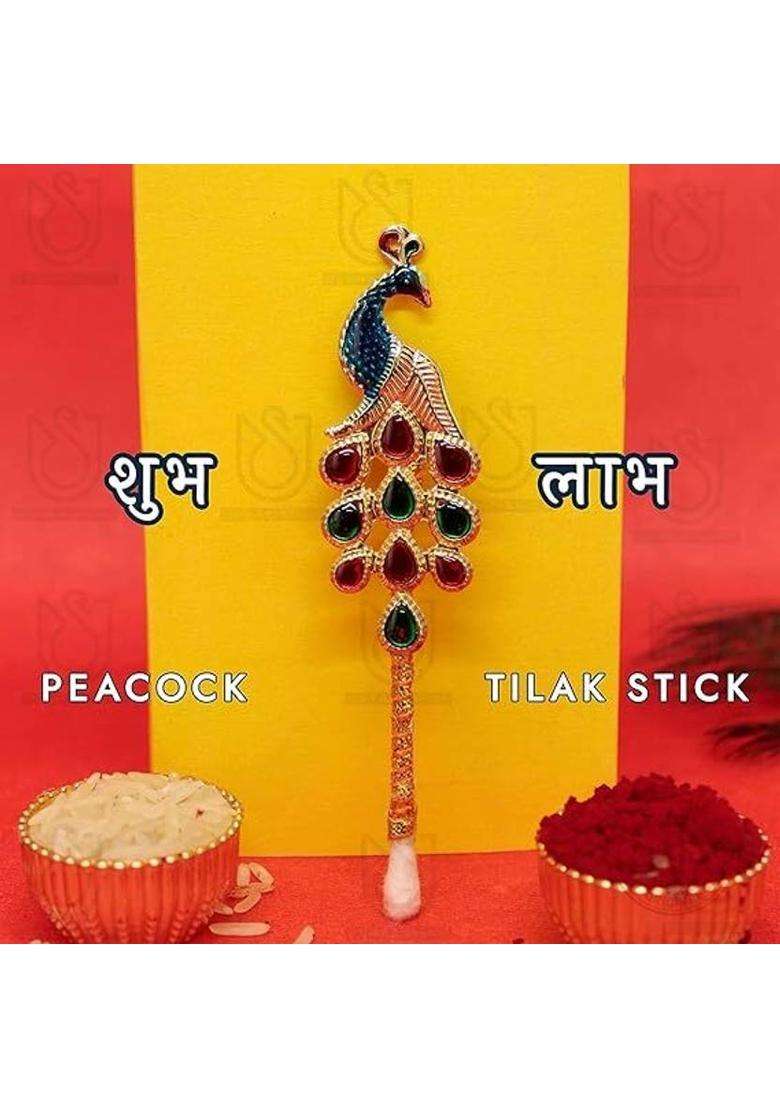 Morel Pooja Tilak Stick Meenakari Colorful Diamond Sticks Peacock Shape 2Pc Gold Plated (5 Pieces Multicolor) - Indya