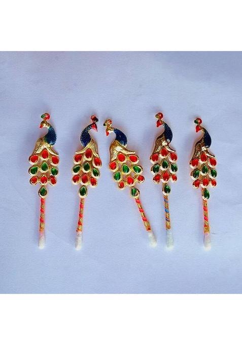 Morel Pooja Tilak Stick Meenakari Colorful Diamond Sticks Peacock Shape 2Pc Gold Plated (5 Pieces, Multicolor)
