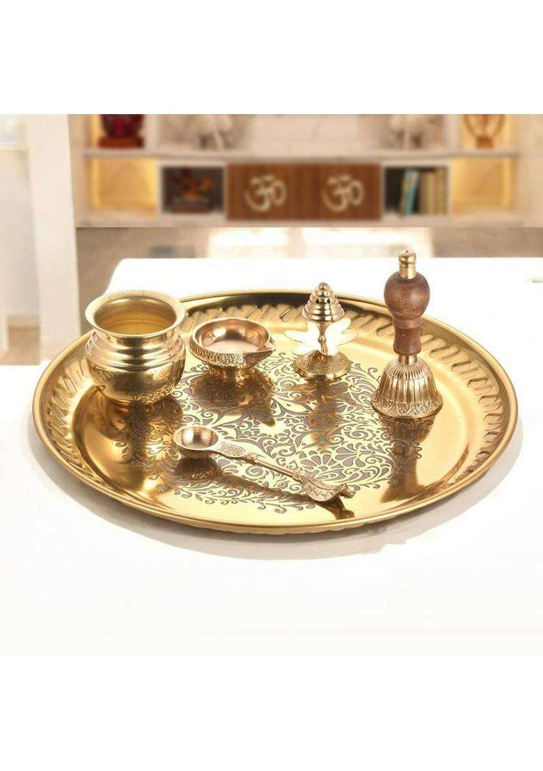 Sanjeev Kapoor Pooja Thali Set Brass (7 Pieces Gold) - Indya