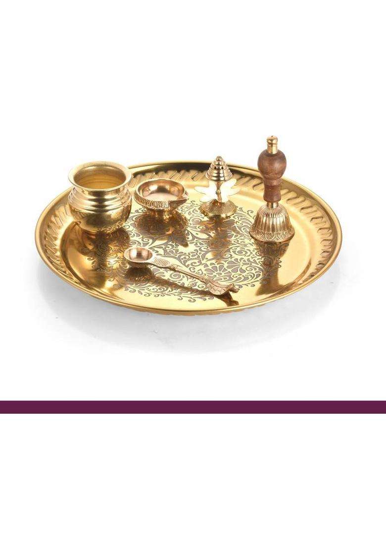 Sanjeev Kapoor Pooja Thali Set Brass (7 Pieces Gold) - Indya