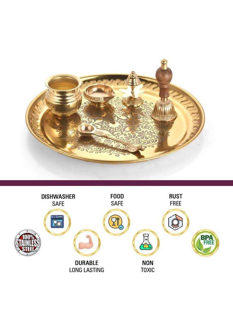 Sanjeev Kapoor Pooja Thali Set Brass (7 Pieces Gold) - Indya