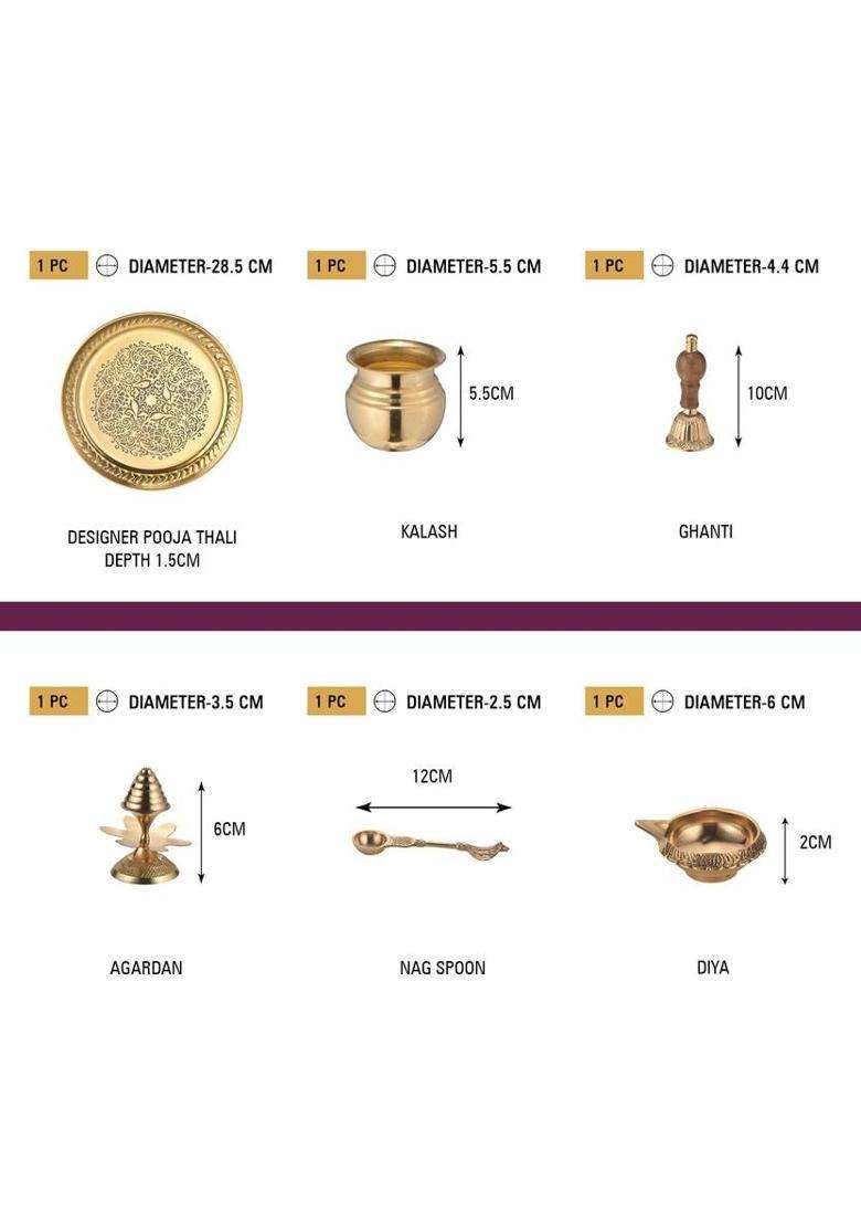 Sanjeev Kapoor Pooja Thali Set Brass (7 Pieces Gold) - Indya
