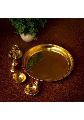 Rolimoli Pure Brass Special Puja Thali Set Of 5 Pcs Items For Diwali Poojan/Pooja Room (1 Pieces Gold)