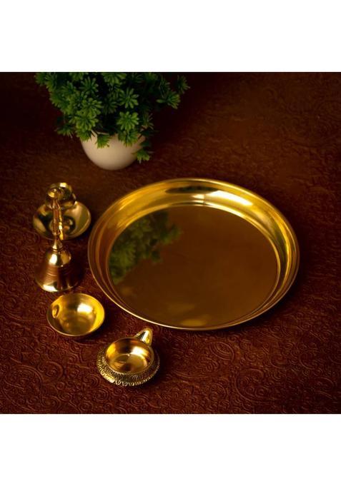 Rolimoli Pure Brass Special Puja Thali Set Of 5 Pcs Items, For Diwali Poojan/Pooja Room (1 Pieces, Gold)