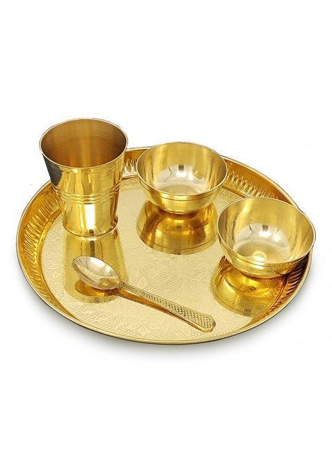 Bengalen Brass Pooja Bhog Thali Set 8 Inch With Accessories (5 Pieces, Gold)