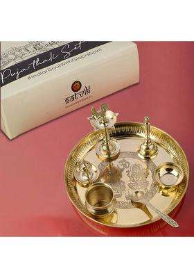 Satvik Traditional Handcrafted Brass Thali 7 Piece Designer Pooja Thali Set (1 Pieces Gold)