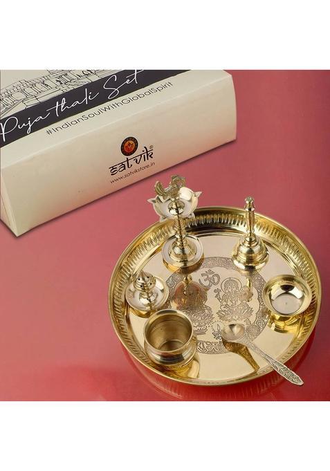 Satvik Traditional Handcrafted Brass Thali, 7 Piece Designer Pooja Thali Set (1 Pieces, Gold)