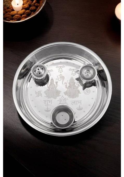A1 Essancial Puja Thali Set Incense Holder Camphor Burner Kumkum Box & Diya For Diwali Stainless Steel (1 Pieces Silver)
