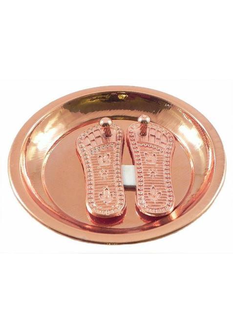 Uniqon (6Cm Size) Shree Maa Lakshami Charan/Feet Paduka Traditional Religious Footprint With Copper Golden Plate/Thali For Wealth And Prosperity Diwali Laxmi Navratri Puja Decorative Showpiece (1 Pieces Brown)