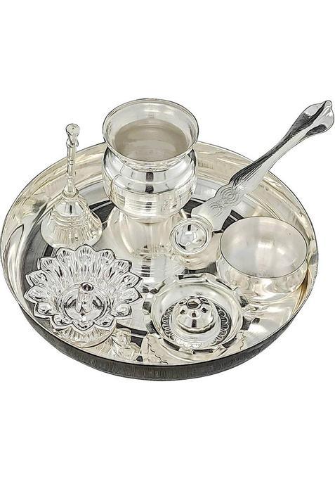 Bengalen Pooja Thali Set Silver Plated With Accessories Home Puja Return Gift Items (7 Pieces Silver)