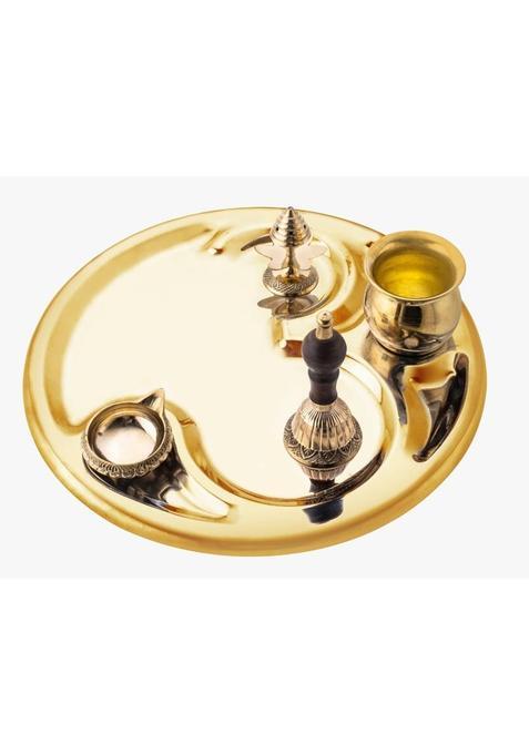 Jack And Rex Gold Plated Om Handcrafted Pooja Thali Serving Set Of 5Pcs Stainless Steel (5 Pieces, Gold)