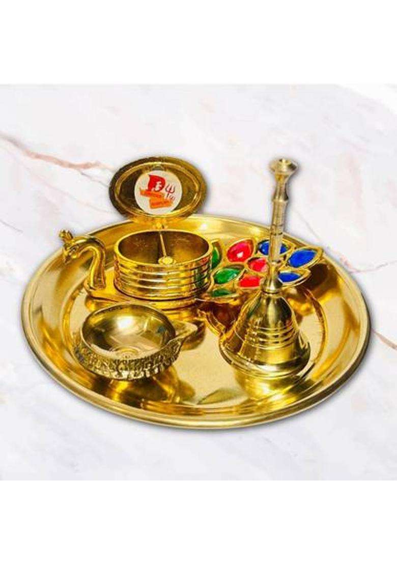Daridra Bhanjan Brass Pooja Thali With Kumkum Holder/ Diya & Ghanti (Gold) (1 Pieces Gold) - Indya