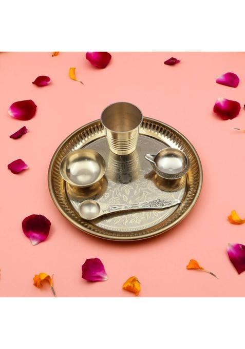 Torppeza Handcrafted 100% Brass Pooja Flower Thali Plate Set With Kuber Diya For Home (5 Pieces Gold)