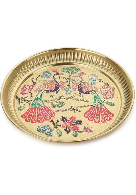 Dokchan Handmade Pure Brass Plate Thali Serving Purpose Engraved Peacock Design 6 Inch (1 Pieces, Gold)
