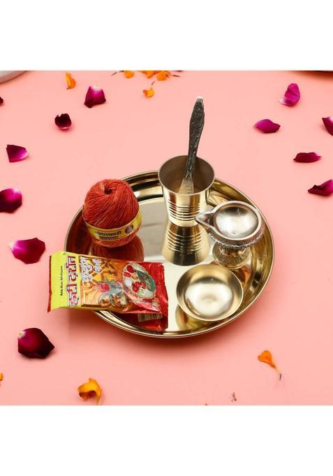 Torppeza Handcrafted 100% Brass Pooja Thali | Plate Set With Diya & Roli Moli For Home (7 Pieces, Gold)