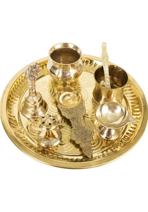 Putrika Traditional Handcrafted Brass Thali/Aarti Bartan Plate For Pooja/Worship (8 Pieces Gold)