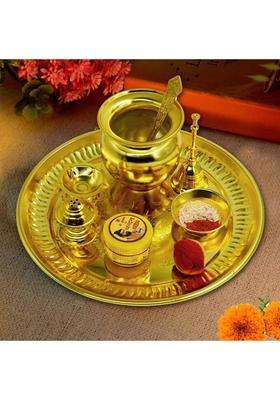 Me&You Golden Color Plated Pooja Thali Set For Diwali Navratri Durga Pujan Brass (1 Pieces Gold)