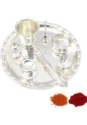 Bengalen Silver Plated Pooja Thali Set 8 Inch Ethnic Puja Wedding Return Gift Items (Silver)
