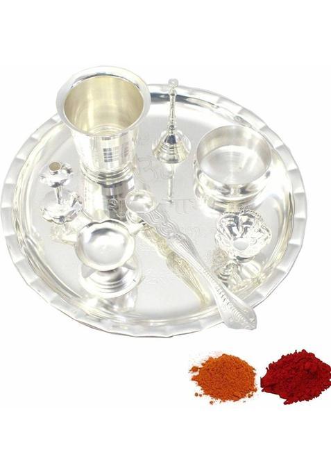 Bengalen Silver Plated Pooja Thali Set 8 Inch Ethnic Puja Wedding Return Gift Items (Silver)