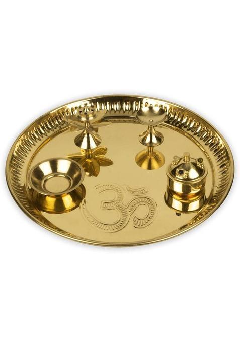 Klassic Om Engraved Puja Thali Set With Aarti Diya, Agarbatti, Akshat, Kumkum Holder Brass (1 Pieces, Gold)