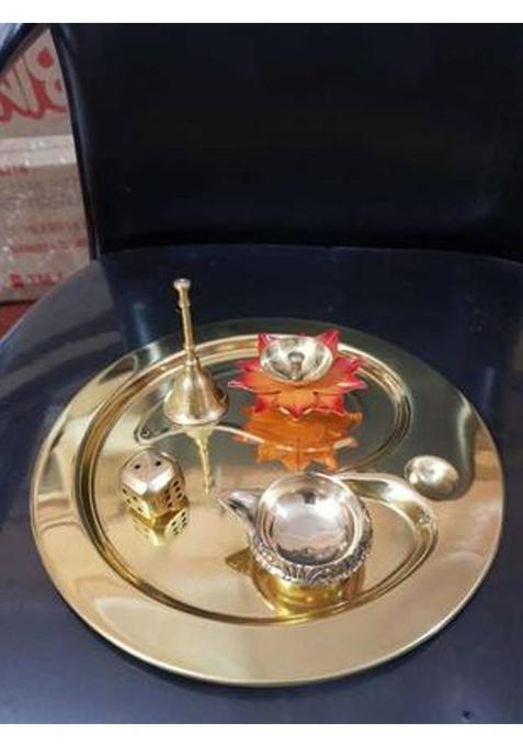 Heaven Decor Brass Om Puja Thali Set With Religious Spritual Item For (Gold)