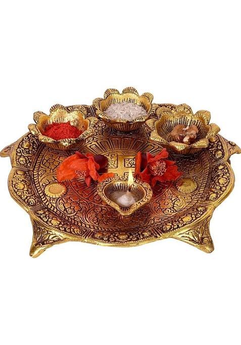 Sp Handicrafts Pooja Thali With Diya Set For Wedding Rakhsha Bhandhan Bhai Dooj Function Aluminium (1 Pieces Gold)