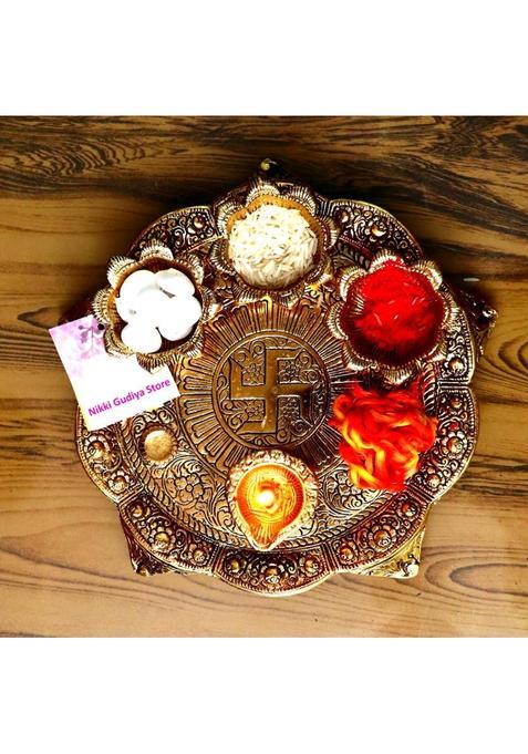 Nikki Gudiya Store Premium Golden Swastik Pooja Thali Set With Diya & Bowls For Festivals Aluminium (1 Pieces, Gold)