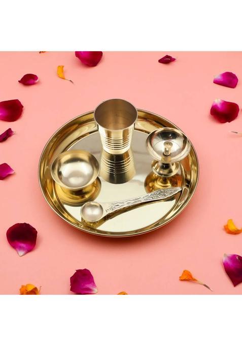 Rolimoli Handcrafted 100% Brass Pooja Thali Plate Set With Paro Pyali Diya For Home (Gold)