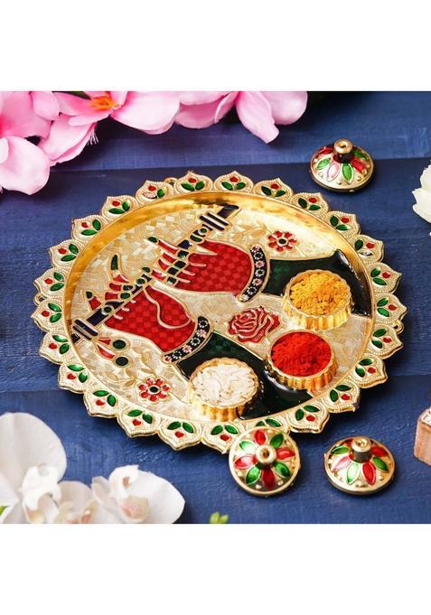Ecraftindia One Krishna With Flute Decorative Pooja Thali For Diwali, Navratri Steel (1 Pieces, Multicolor)