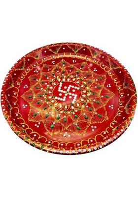 Free Ways Handcrafted Pooja Thali Decorated With Beads And Gems Stainless Steel (1 Pieces Red)