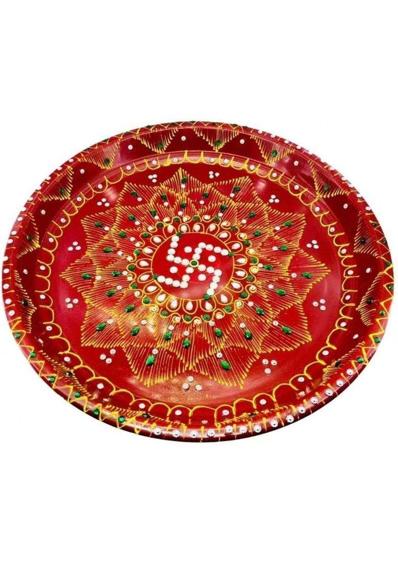 Free Ways Handcrafted Pooja Thali Decorated With Beads And Gems Stainless Steel (1 Pieces Red) - Indya