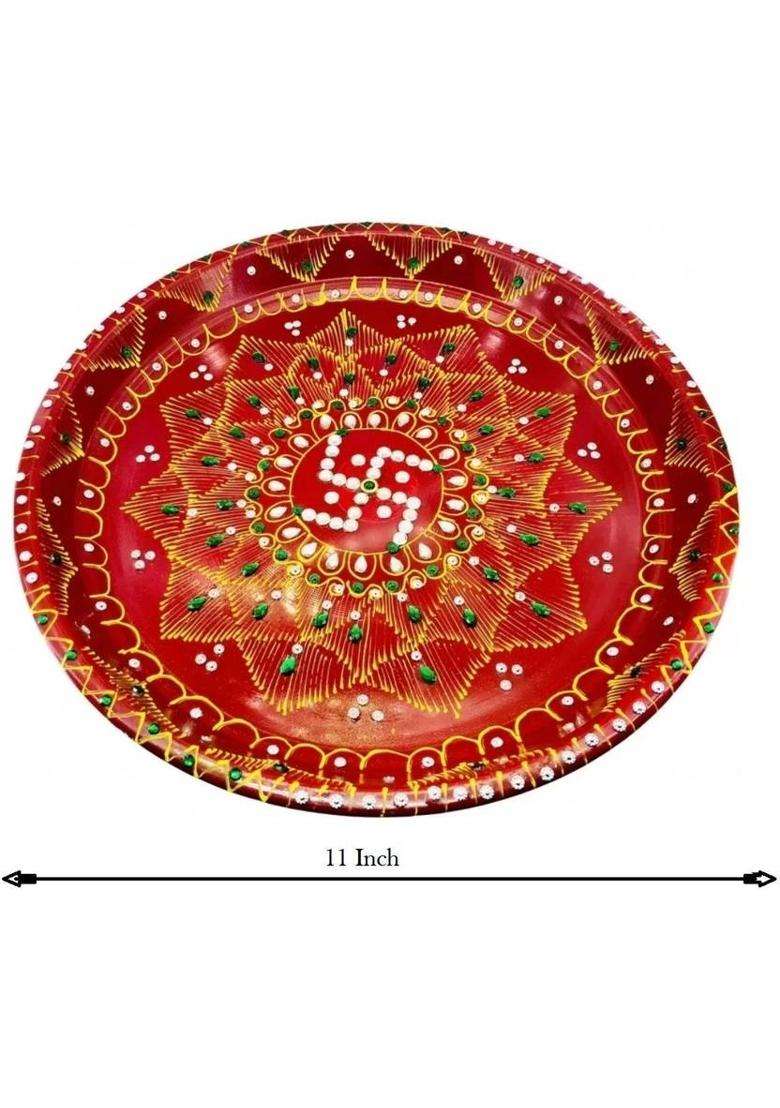 Free Ways Handcrafted Pooja Thali Decorated With Beads And Gems Stainless Steel (1 Pieces Red) - Indya