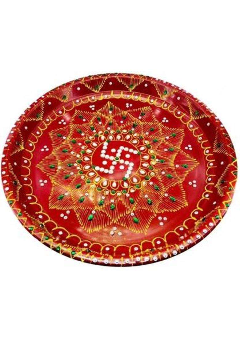 Free Ways Handcrafted Pooja Thali Decorated With Beads And Gems Stainless Steel (1 Pieces Red) - Indya
