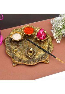 Ascension White Metal Pooja Thali With Deepak Swastik Flower Designer Plate Diya Puja (Golden) Gold (1 Pieces Gold)
