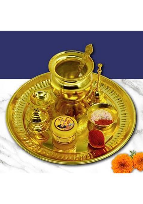 Me&You Puja Thali Set For Pooja Arti On Diwali Navratri (10Inch) Brass (1 Pieces Gold)