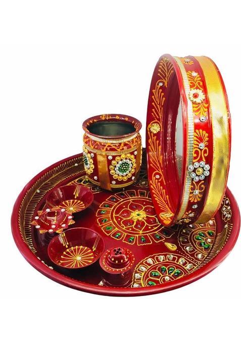 Dhandevi Textiles Stainless Steel Karwa Chauth 7 Pieces Decorative Pooja Thali Set ( Red) Size 9'') (6 Pieces,