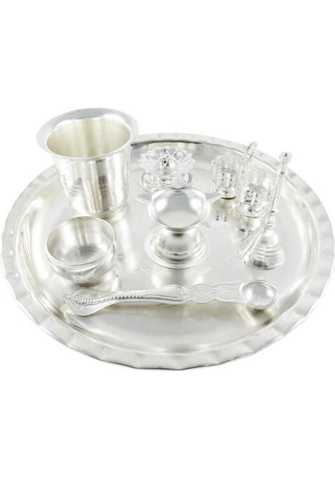 Goldgiftideas 8 Inch Arpan Pooja Thali, Items For Home Silver Plated (8 Pieces, Silver)