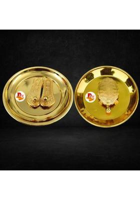 Daridra Bhanjan Laxmi Charan Plate For Diwli Puja With Turtle Tortoise Thali Combo Set Copper (1 Pieces Gold)
