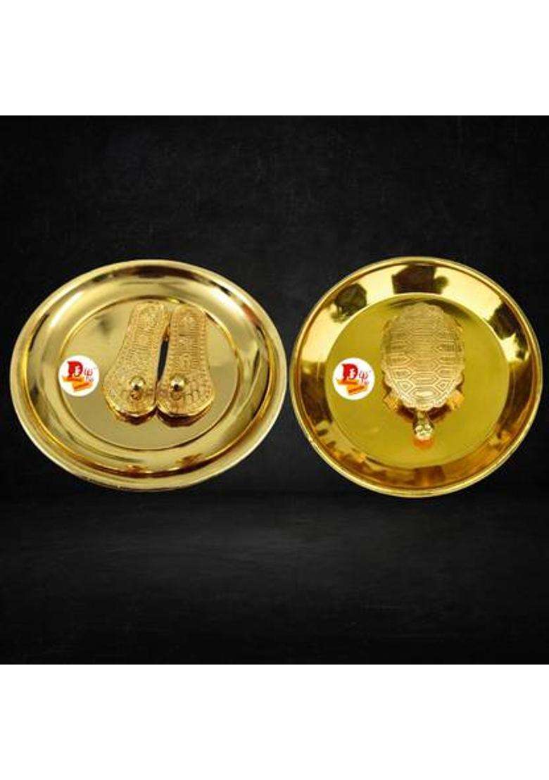 Daridra Bhanjan Laxmi Charan Plate For Diwli Puja With Turtle Tortoise Thali Combo Set Copper (1 Pieces Gold) - Indya