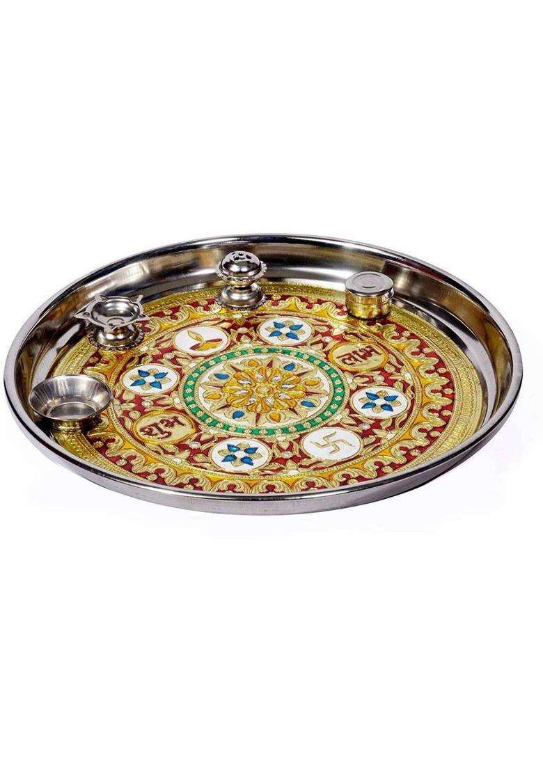 Siyaa - 12 Inch Sarovar Silver Plated Pooja Thali Set Occasional Gift Decorative Wedding Diwali Metal Set Of 5 Pcs Nit (1 Pieces Multicolor) - Indya