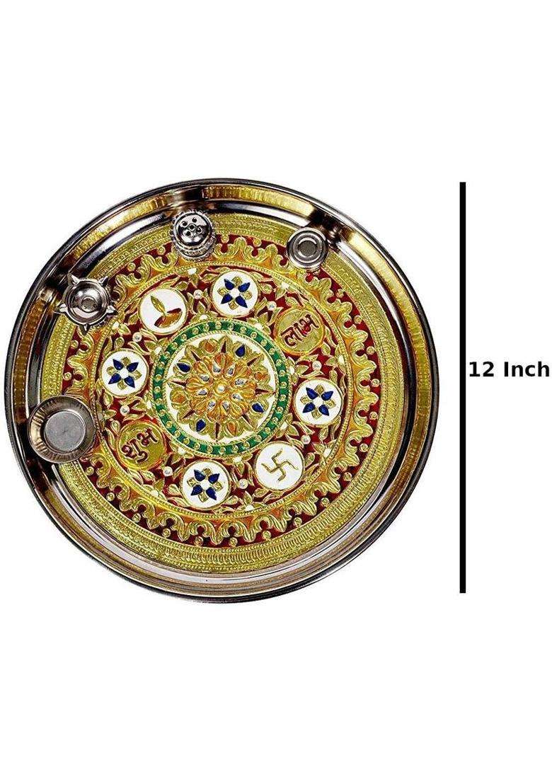 Siyaa - 12 Inch Sarovar Silver Plated Pooja Thali Set Occasional Gift Decorative Wedding Diwali Metal Set Of 5 Pcs Nit (1 Pieces Multicolor) - Indya