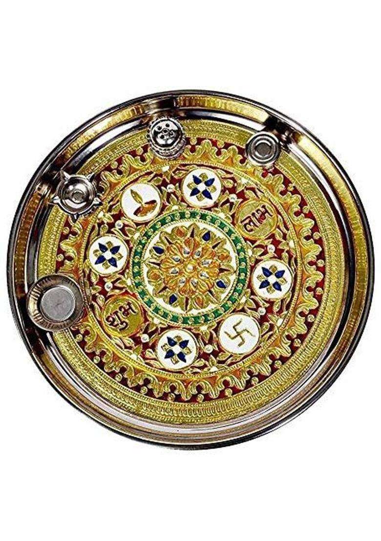 Siyaa - 12 Inch Sarovar Silver Plated Pooja Thali Set Occasional Gift Decorative Wedding Diwali Metal Set Of 5 Pcs Nit (1 Pieces Multicolor) - Indya