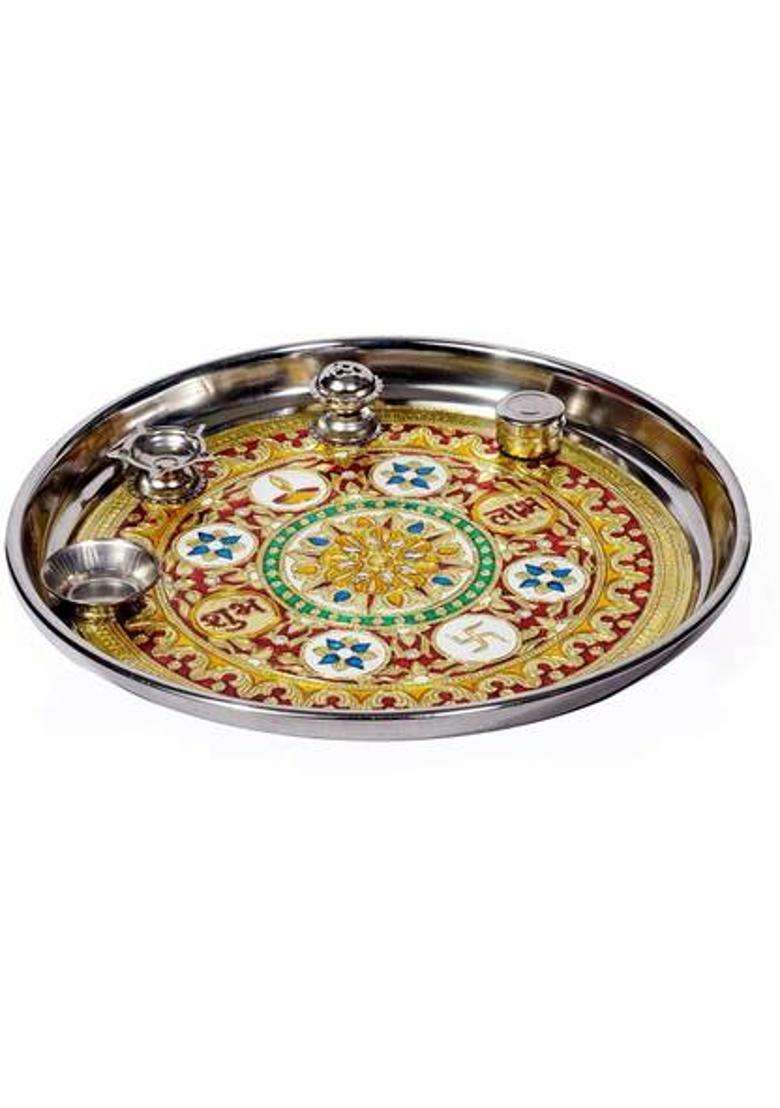Siyaa - 12 Inch Sarovar Silver Plated Pooja Thali Set Occasional Gift Decorative Wedding Diwali Metal Set Of 5 Pcs Nit (1 Pieces Multicolor) - Indya