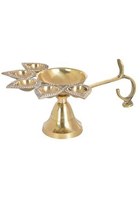Trived Brass Panch Aarti Lamp/Pancharti Diya Oil Lamp/Panch Jyoti Puja For Diwali-Pack Of 1 (4 Inch) Table (Height: 4