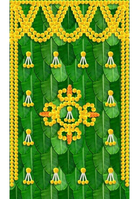 Hrk Creation Banana Leaf Design Altar Cloth Backdrop | 8*5 Ft Fastiwal Pooja All Tapestry (Green, Yellow)